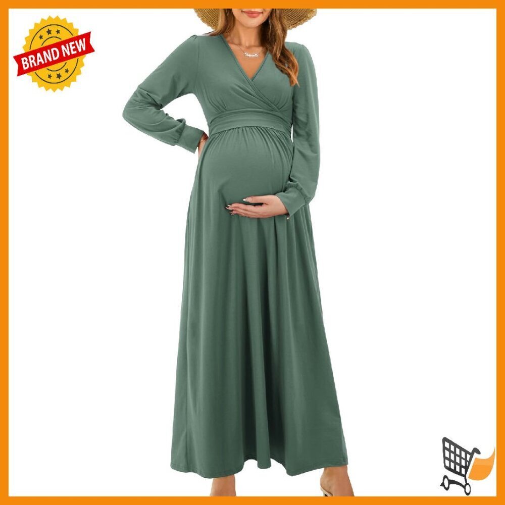 Kids Long Sleeve Maxi Dress Wrap V Neck Side Pockets